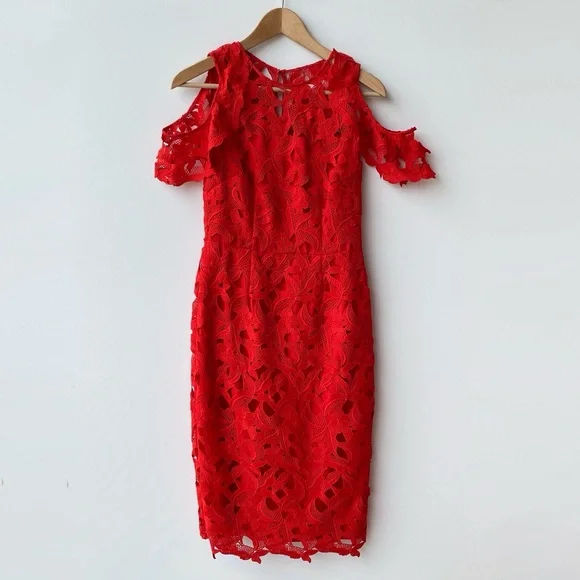 Tahari | Dresses | Tahari Red Floral Leaf Cutout Lace Cold Shoulder Midi  Dress 2 | Poshmark